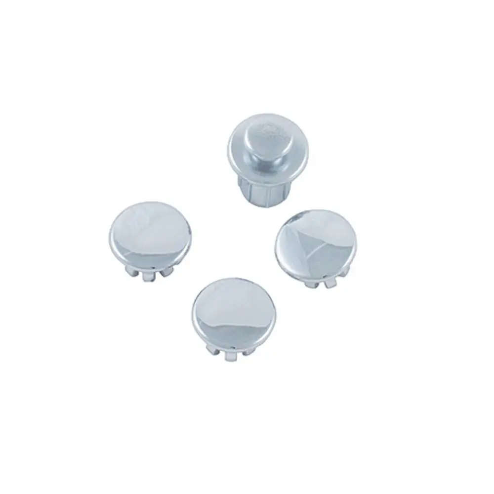 Set mit vier chromfarbenen Knöpfen, designiert für Kludi-Armaturen, einschließlich eines mittleren Knopfes mit erhabenem Design.